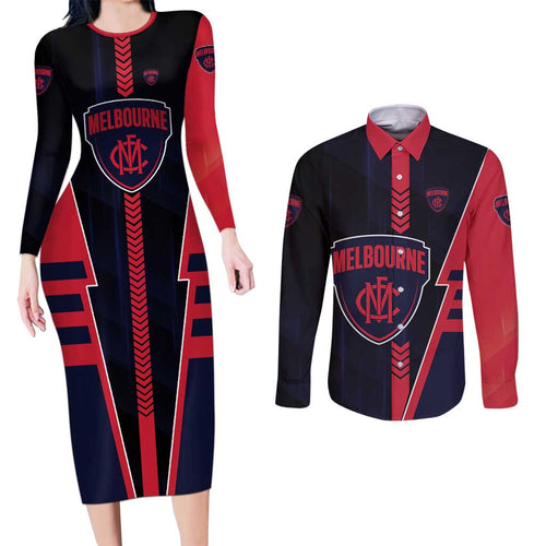 Personalized Melbourne Demons Couples Matching Long Sleeve Bodycon Dress and Long Sleeve Button Shirt Modern Geometric Sports Graphic Style