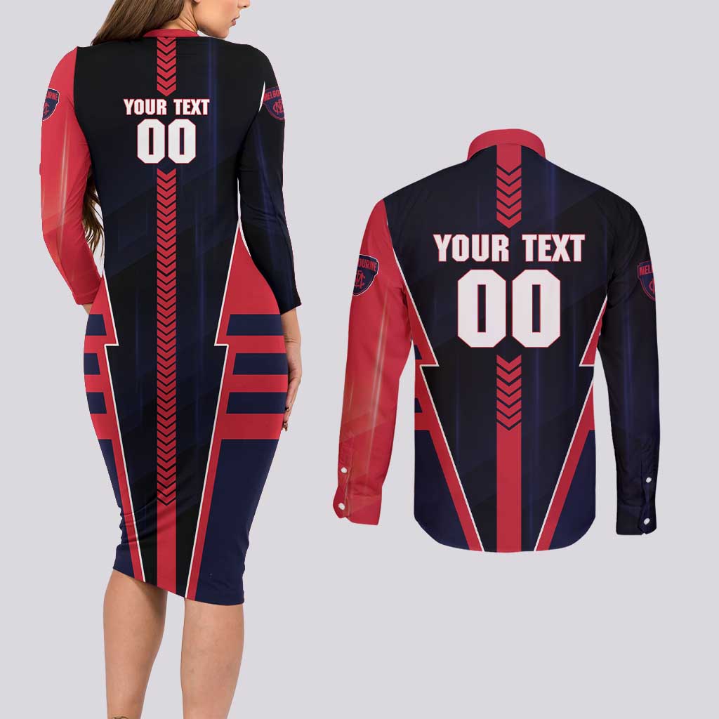 Personalized Melbourne Demons Couples Matching Long Sleeve Bodycon Dress and Long Sleeve Button Shirt Modern Geometric Sports Graphic Style