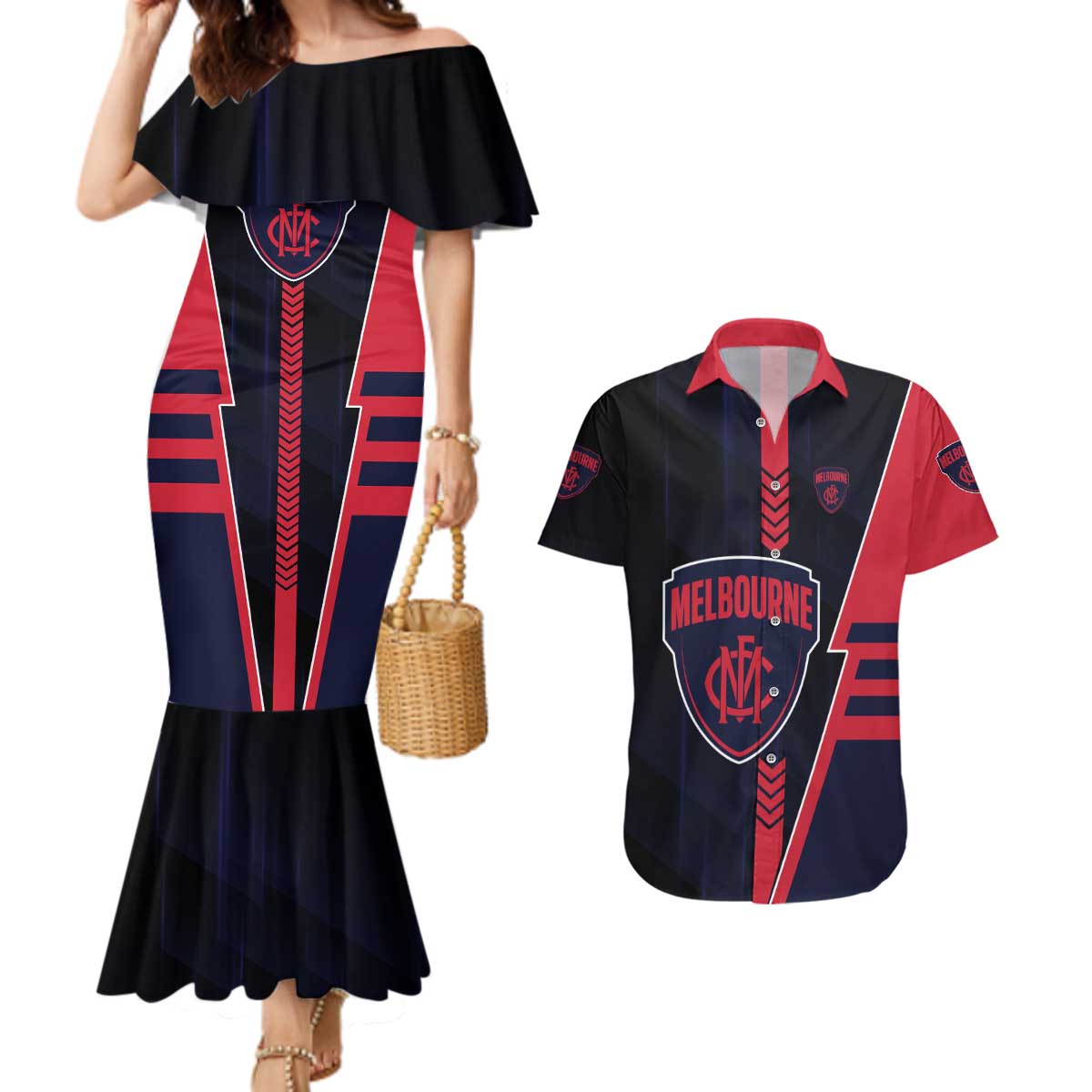 Personalized Melbourne Demons Couples Matching Mermaid Dress and Hawaiian Shirt Modern Geometric Sports Graphic Style