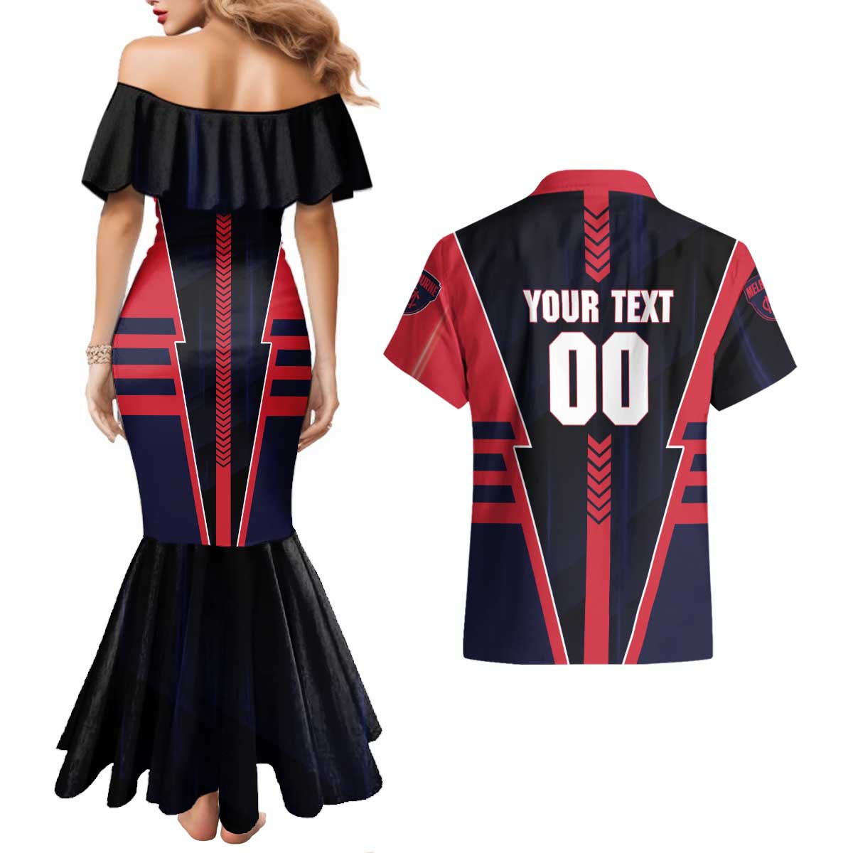 Personalized Melbourne Demons Couples Matching Mermaid Dress and Hawaiian Shirt Modern Geometric Sports Graphic Style