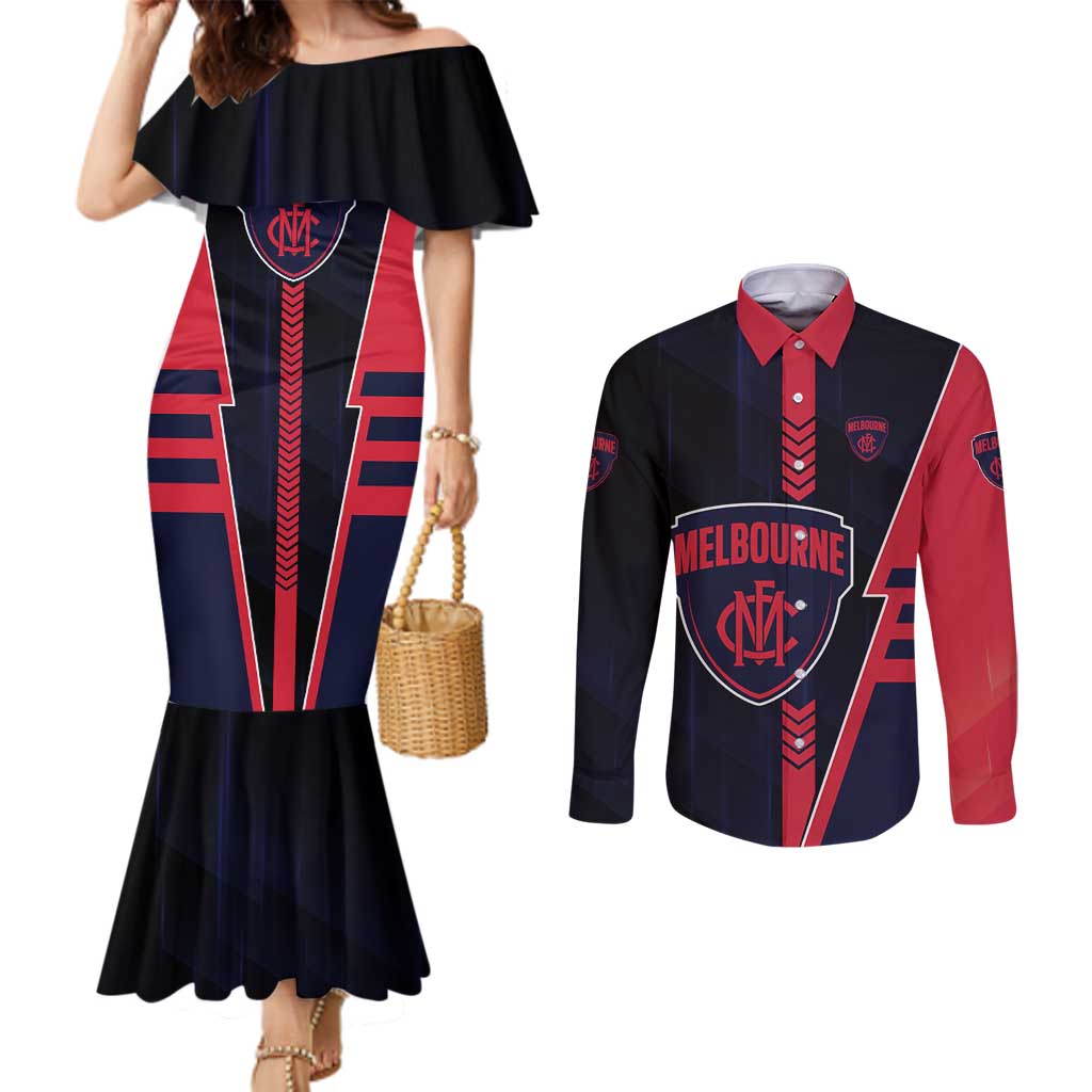 Personalized Melbourne Demons Couples Matching Mermaid Dress and Long Sleeve Button Shirt Modern Geometric Sports Graphic Style