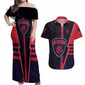 Personalized Melbourne Demons Couples Matching Off Shoulder Maxi Dress and Hawaiian Shirt Modern Geometric Sports Graphic Style