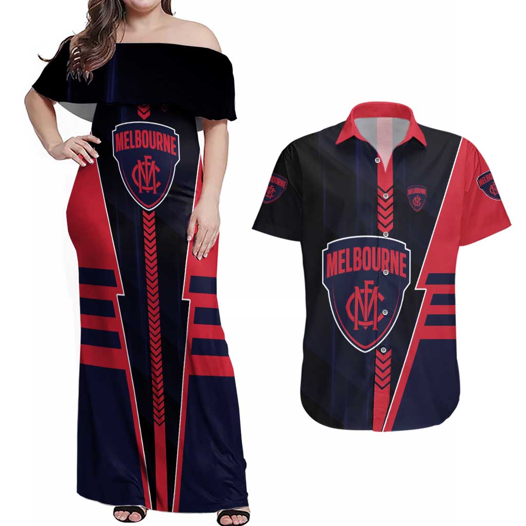 Personalized Melbourne Demons Couples Matching Off Shoulder Maxi Dress and Hawaiian Shirt Modern Geometric Sports Graphic Style