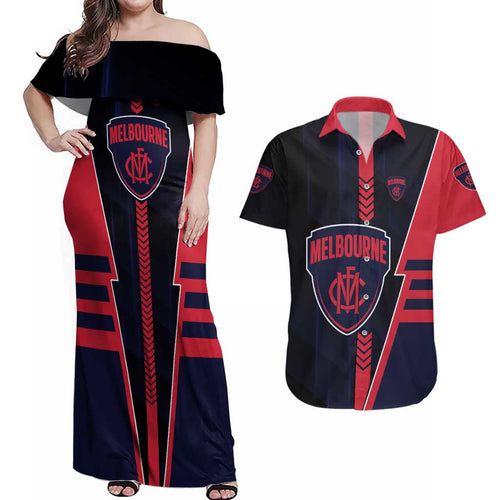 Personalized Melbourne Demons Couples Matching Off Shoulder Maxi Dress and Hawaiian Shirt Modern Geometric Sports Graphic Style