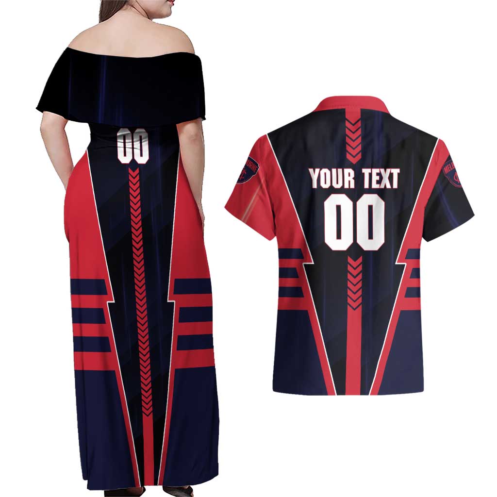 Personalized Melbourne Demons Couples Matching Off Shoulder Maxi Dress and Hawaiian Shirt Modern Geometric Sports Graphic Style