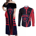Personalized Melbourne Demons Couples Matching Off Shoulder Maxi Dress and Long Sleeve Button Shirt Modern Geometric Sports Graphic Style