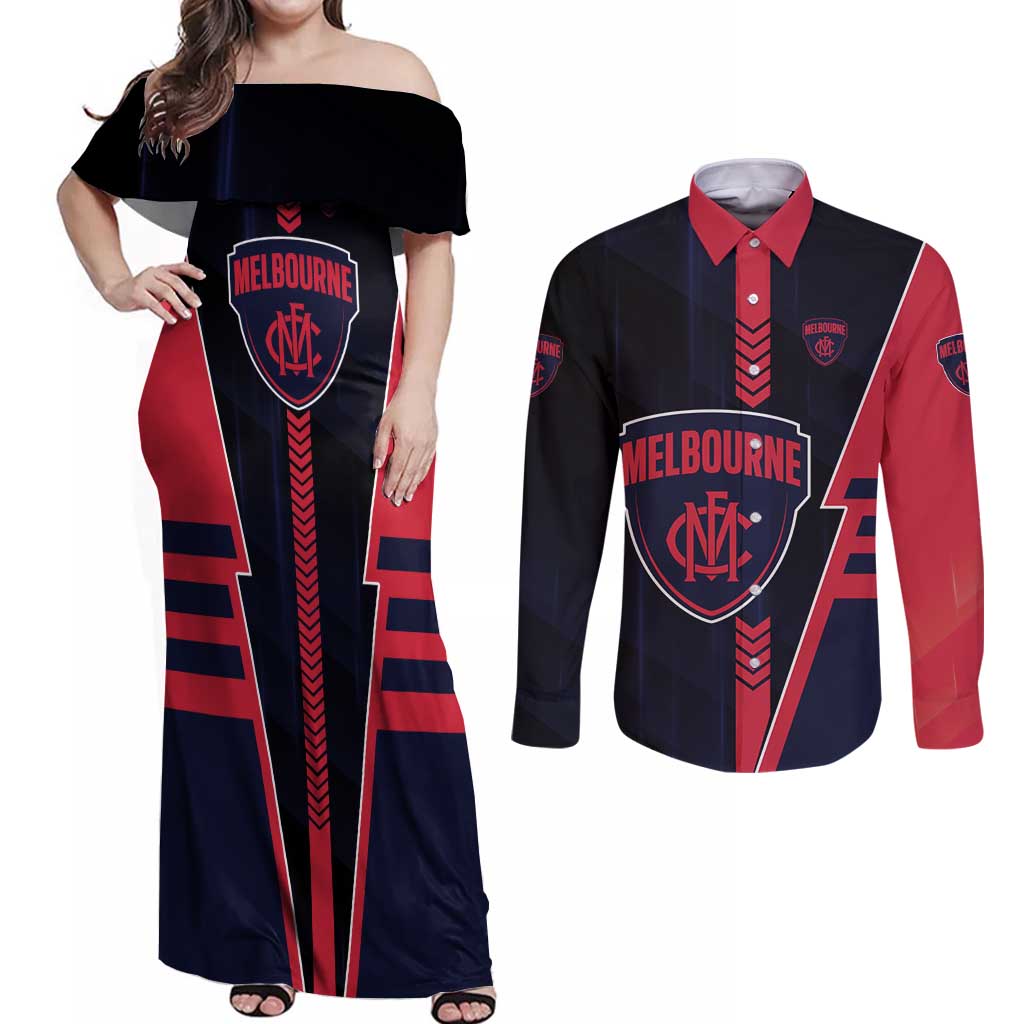 Personalized Melbourne Demons Couples Matching Off Shoulder Maxi Dress and Long Sleeve Button Shirt Modern Geometric Sports Graphic Style
