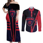 Personalized Melbourne Demons Couples Matching Off Shoulder Maxi Dress and Long Sleeve Button Shirt Modern Geometric Sports Graphic Style