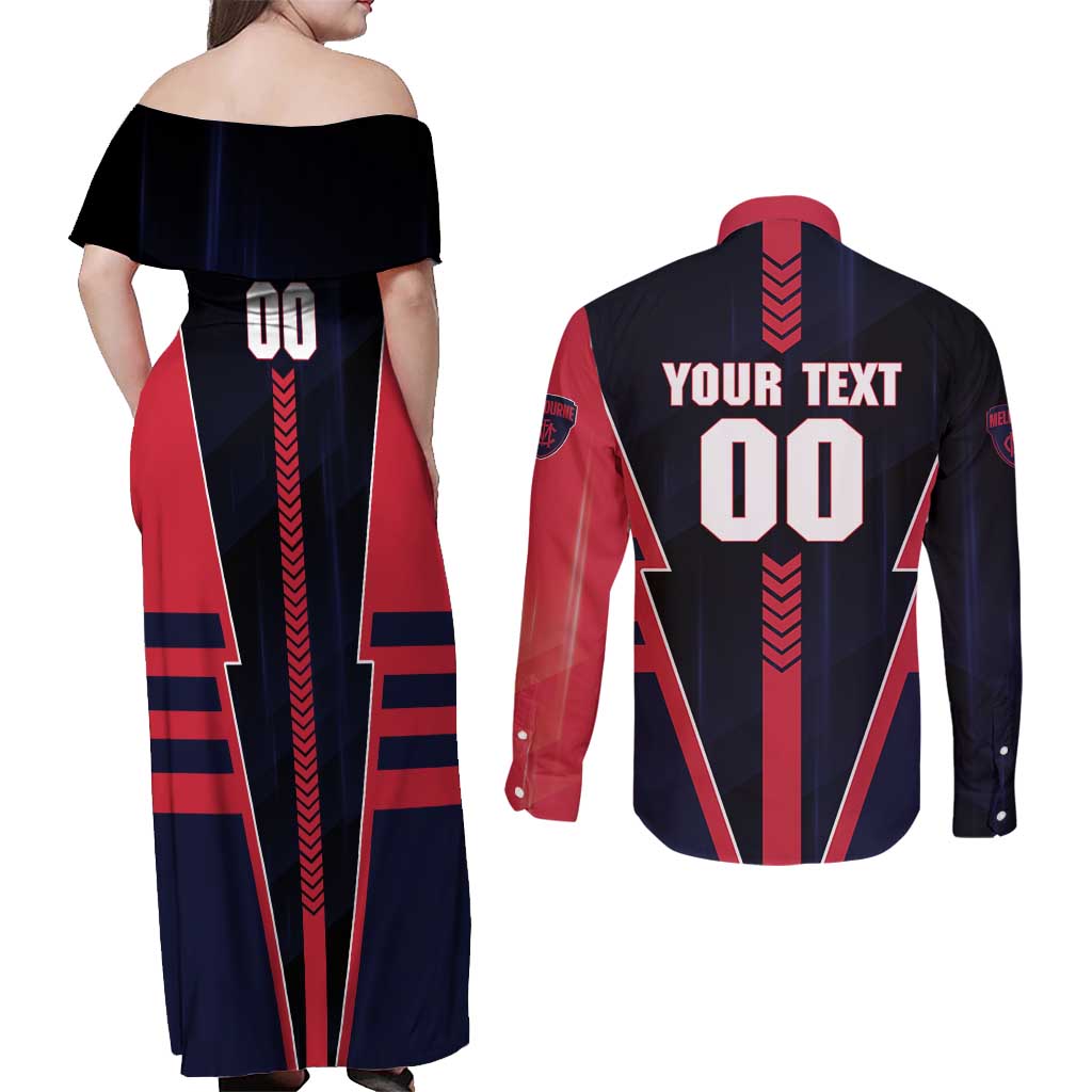 Personalized Melbourne Demons Couples Matching Off Shoulder Maxi Dress and Long Sleeve Button Shirt Modern Geometric Sports Graphic Style