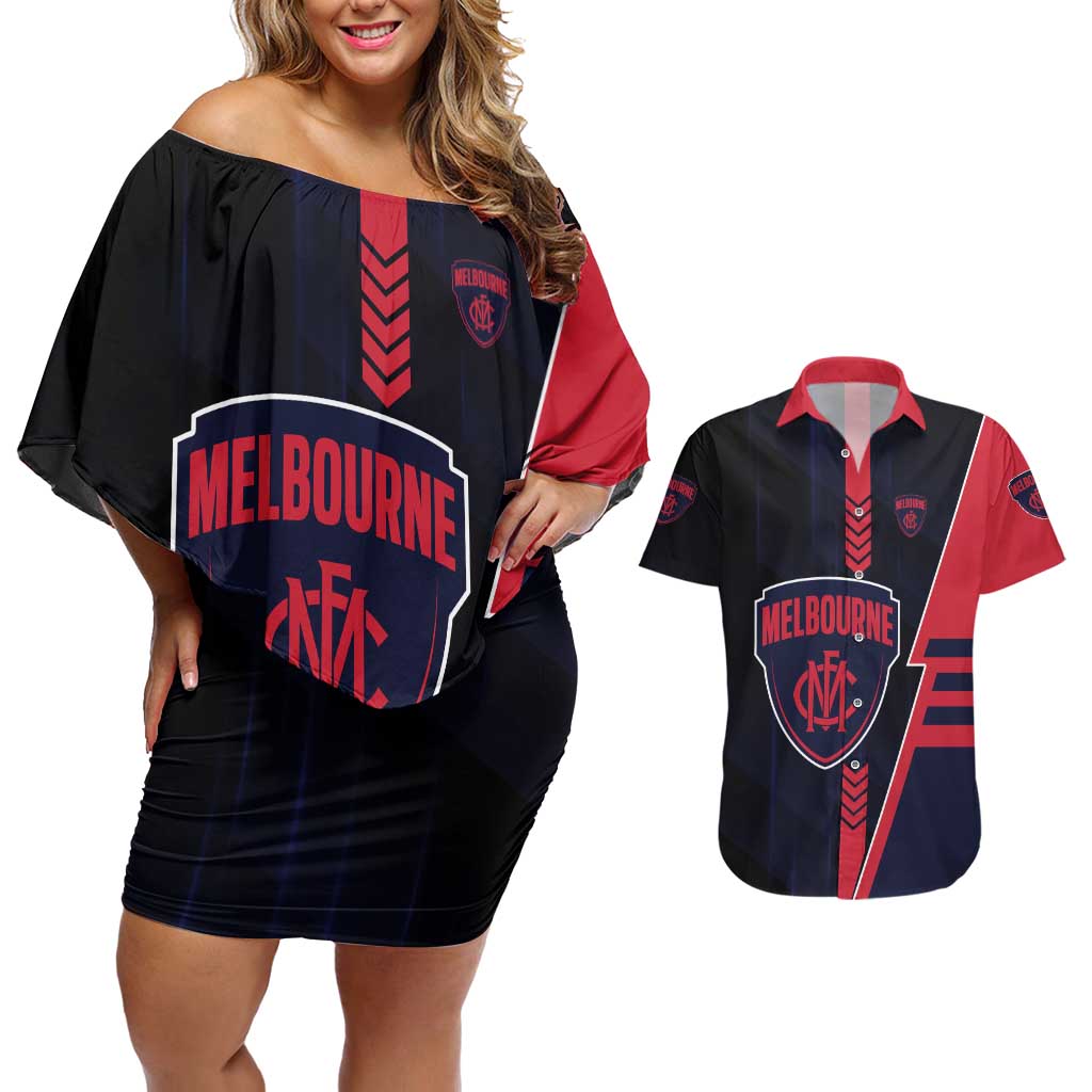 Personalized Melbourne Demons Couples Matching Off Shoulder Short Dress and Hawaiian Shirt Modern Geometric Sports Graphic Style