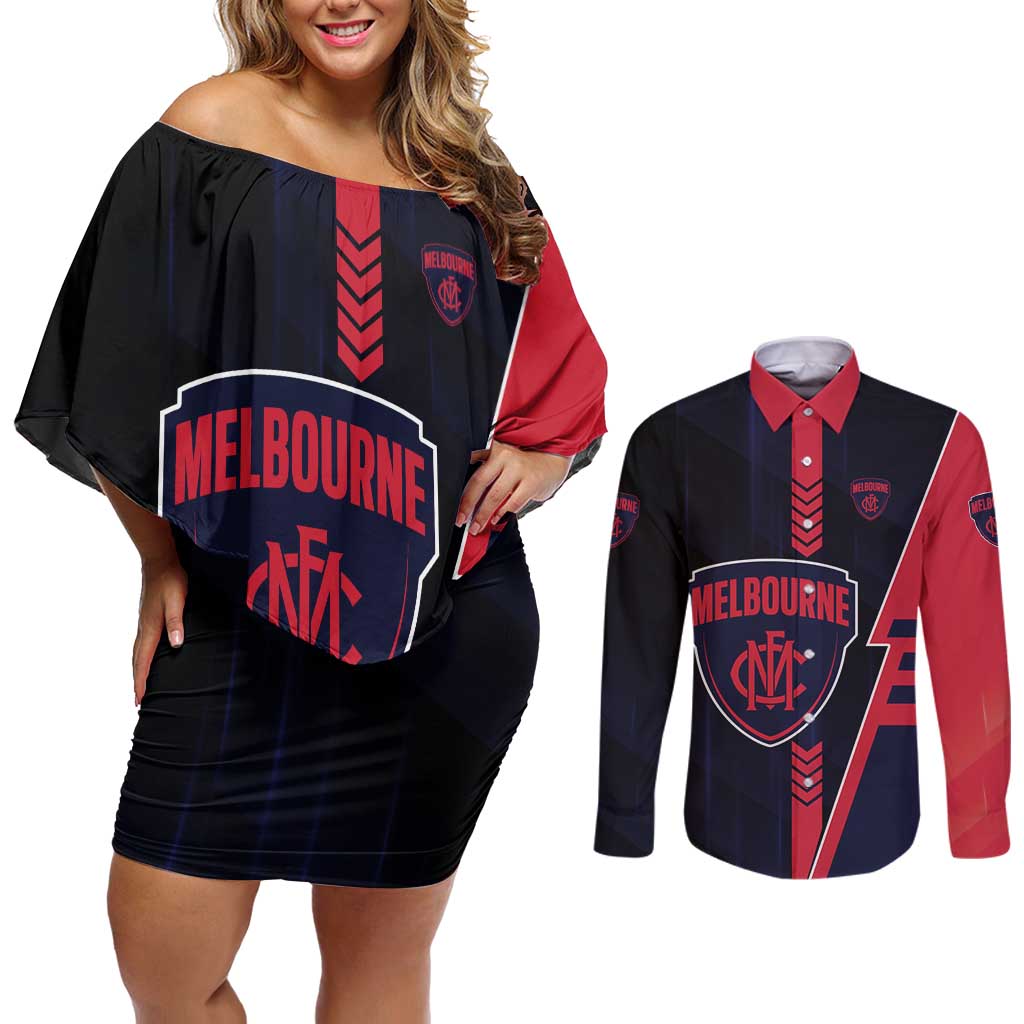 Personalized Melbourne Demons Couples Matching Off Shoulder Short Dress and Long Sleeve Button Shirt Modern Geometric Sports Graphic Style