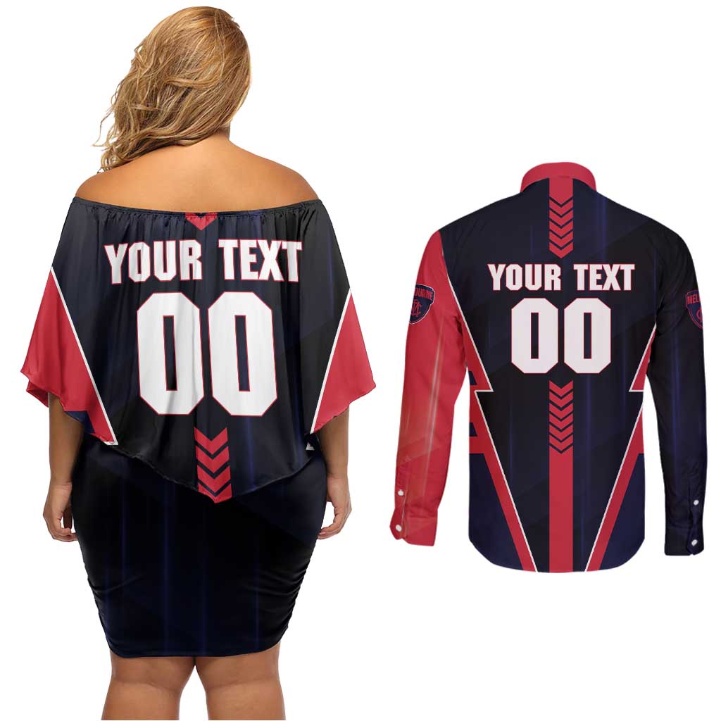 Personalized Melbourne Demons Couples Matching Off Shoulder Short Dress and Long Sleeve Button Shirt Modern Geometric Sports Graphic Style