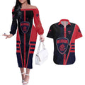 Personalized Melbourne Demons Couples Matching Off The Shoulder Long Sleeve Dress and Hawaiian Shirt Modern Geometric Sports Graphic Style