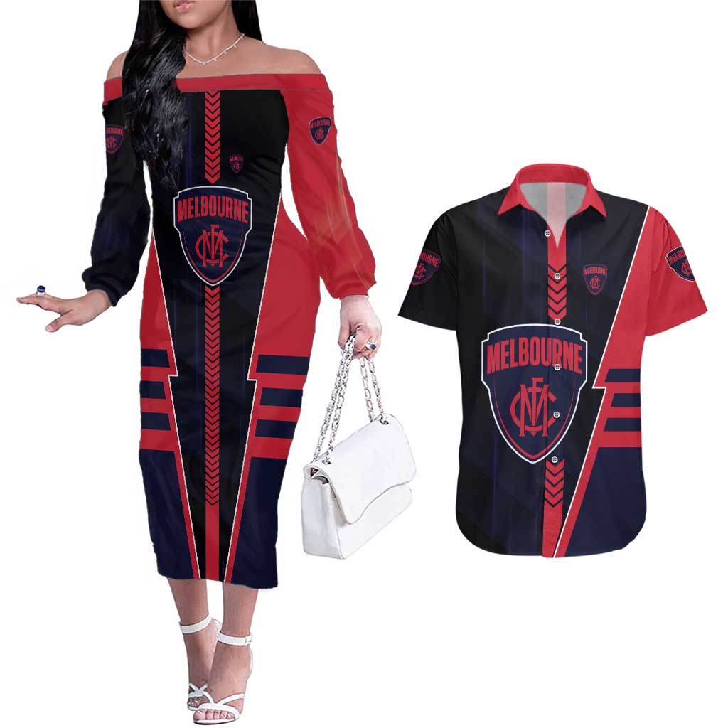 Personalized Melbourne Demons Couples Matching Off The Shoulder Long Sleeve Dress and Hawaiian Shirt Modern Geometric Sports Graphic Style