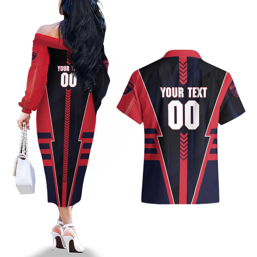 Personalized Melbourne Demons Couples Matching Off The Shoulder Long Sleeve Dress and Hawaiian Shirt Modern Geometric Sports Graphic Style