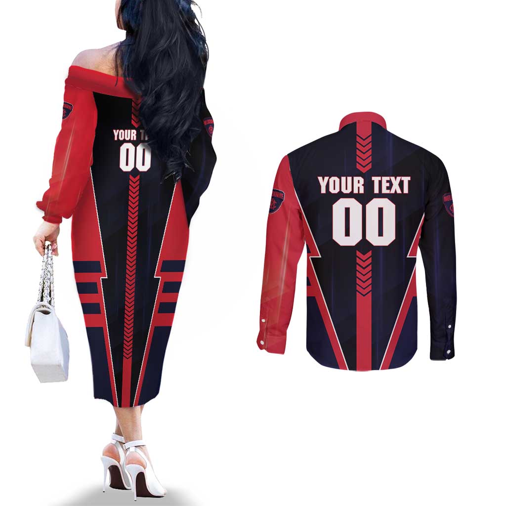 Personalized Melbourne Demons Couples Matching Off The Shoulder Long Sleeve Dress and Long Sleeve Button Shirt Modern Geometric Sports Graphic Style