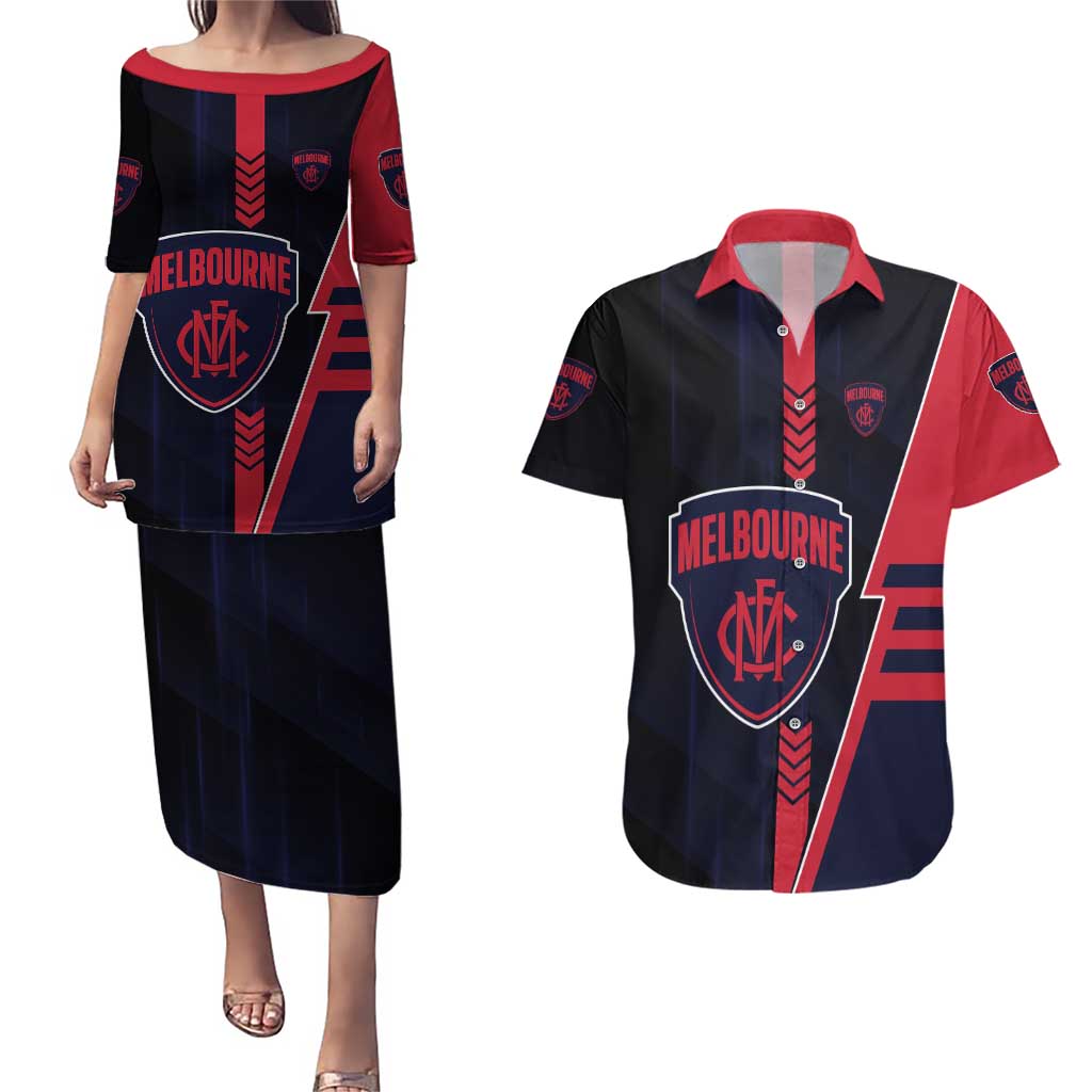 Personalized Melbourne Demons Couples Matching Puletasi and Hawaiian Shirt Modern Geometric Sports Graphic Style