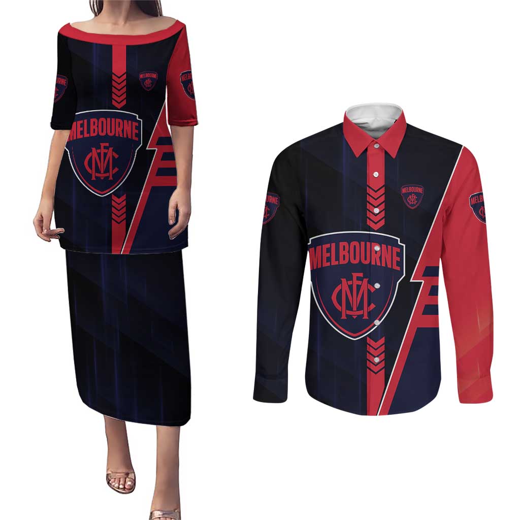 Personalized Melbourne Demons Couples Matching Puletasi and Long Sleeve Button Shirt Modern Geometric Sports Graphic Style