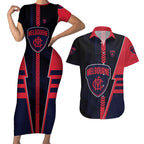 Personalized Melbourne Demons Couples Matching Short Sleeve Bodycon Dress and Hawaiian Shirt Modern Geometric Sports Graphic Style