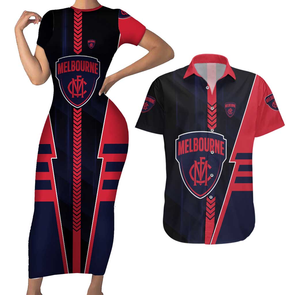 Personalized Melbourne Demons Couples Matching Short Sleeve Bodycon Dress and Hawaiian Shirt Modern Geometric Sports Graphic Style