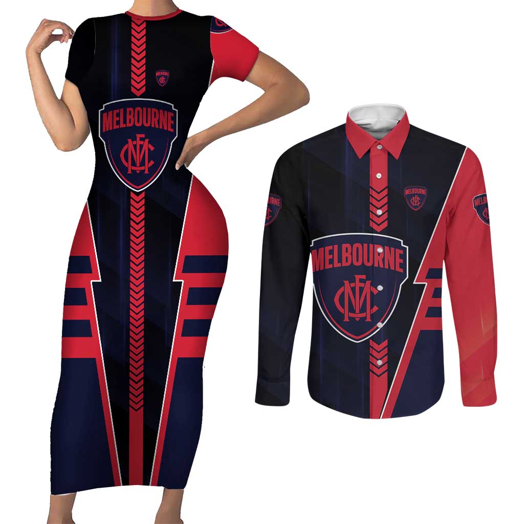 Personalized Melbourne Demons Couples Matching Short Sleeve Bodycon Dress and Long Sleeve Button Shirt Modern Geometric Sports Graphic Style