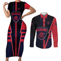Personalized Melbourne Demons Couples Matching Short Sleeve Bodycon Dress and Long Sleeve Button Shirt Modern Geometric Sports Graphic Style