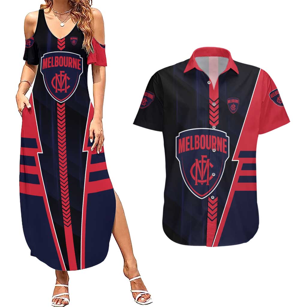 Personalized Melbourne Demons Couples Matching Summer Maxi Dress and Hawaiian Shirt Modern Geometric Sports Graphic Style