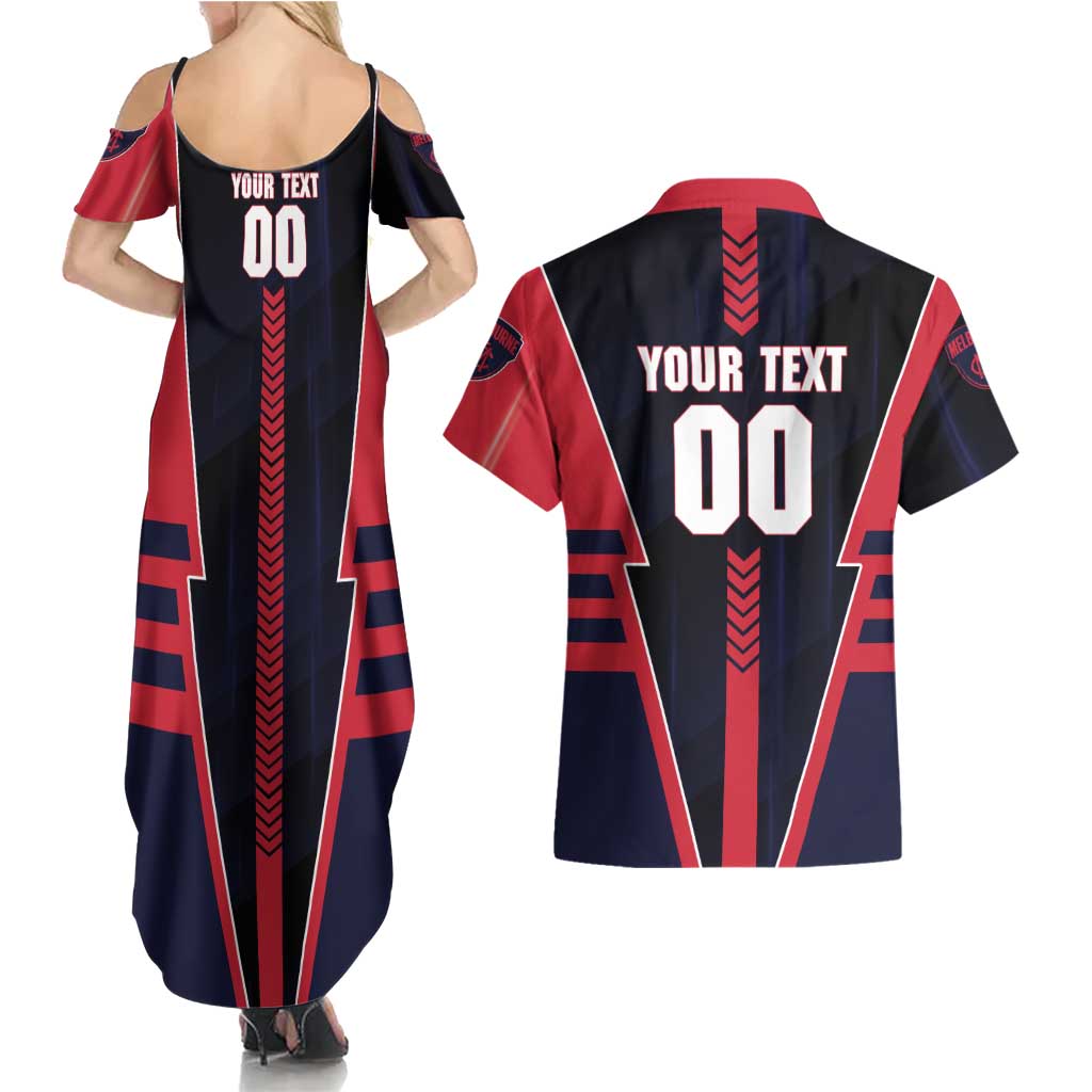 Personalized Melbourne Demons Couples Matching Summer Maxi Dress and Hawaiian Shirt Modern Geometric Sports Graphic Style