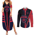 Personalized Melbourne Demons Couples Matching Summer Maxi Dress and Long Sleeve Button Shirt Modern Geometric Sports Graphic Style