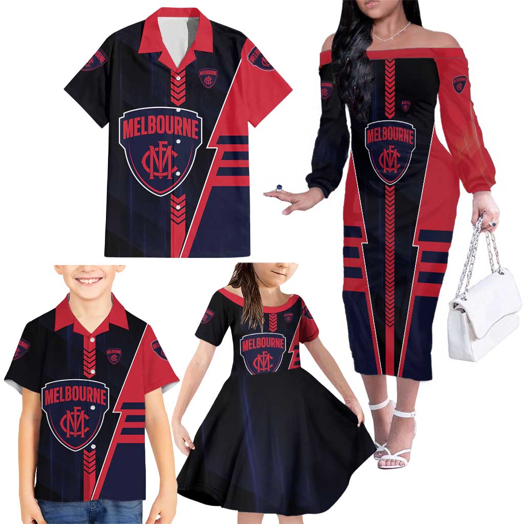 Personalized Melbourne Demons Family Matching Off The Shoulder Long Sleeve Dress and Hawaiian Shirt Modern Geometric Sports Graphic Style