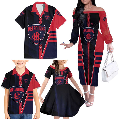 Personalized Melbourne Demons Family Matching Off The Shoulder Long Sleeve Dress and Hawaiian Shirt Modern Geometric Sports Graphic Style