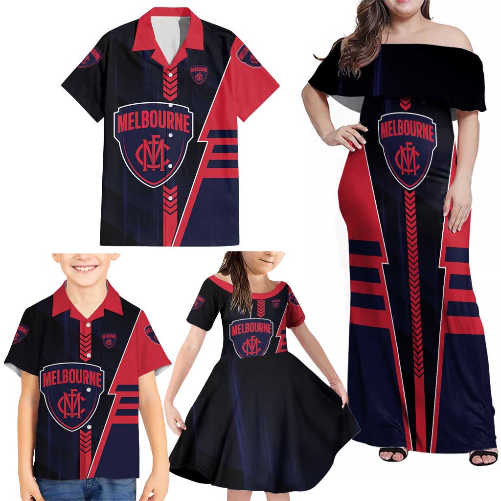 Personalized Melbourne Demons Family Matching Off Shoulder Maxi Dress and Hawaiian Shirt Modern Geometric Sports Graphic Style