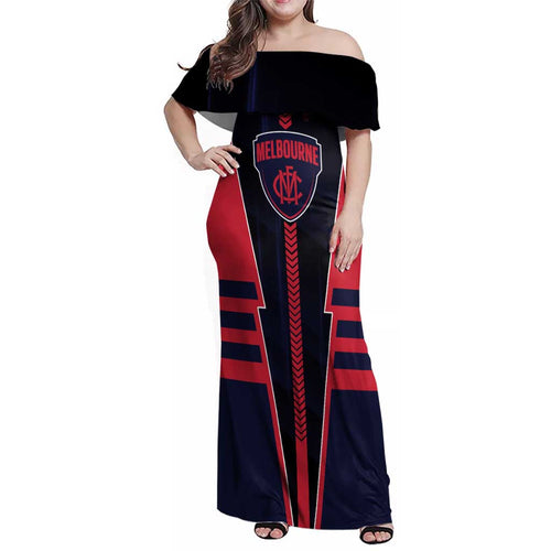 Personalized Melbourne Demons Family Matching Off Shoulder Maxi Dress and Hawaiian Shirt Modern Geometric Sports Graphic Style