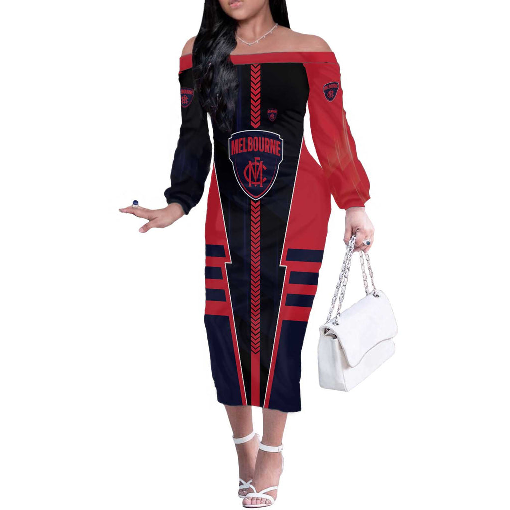 Personalized Melbourne Demons Off The Shoulder Long Sleeve Dress Modern Geometric Sports Graphic Style