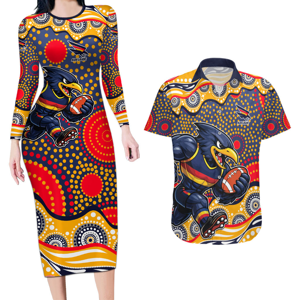 Adelaide Crows Couples Matching Long Sleeve Bodycon Dress and Hawaiian Shirt Aboriginal Dot Pattern - Football Mascot Heritage Pride
