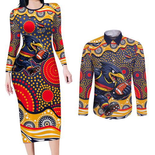 Adelaide Crows Couples Matching Long Sleeve Bodycon Dress and Long Sleeve Button Shirt Aboriginal Dot Pattern - Football Mascot Heritage Pride