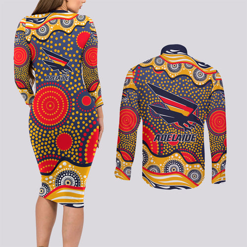 Adelaide Crows Couples Matching Long Sleeve Bodycon Dress and Long Sleeve Button Shirt Aboriginal Dot Pattern - Football Mascot Heritage Pride