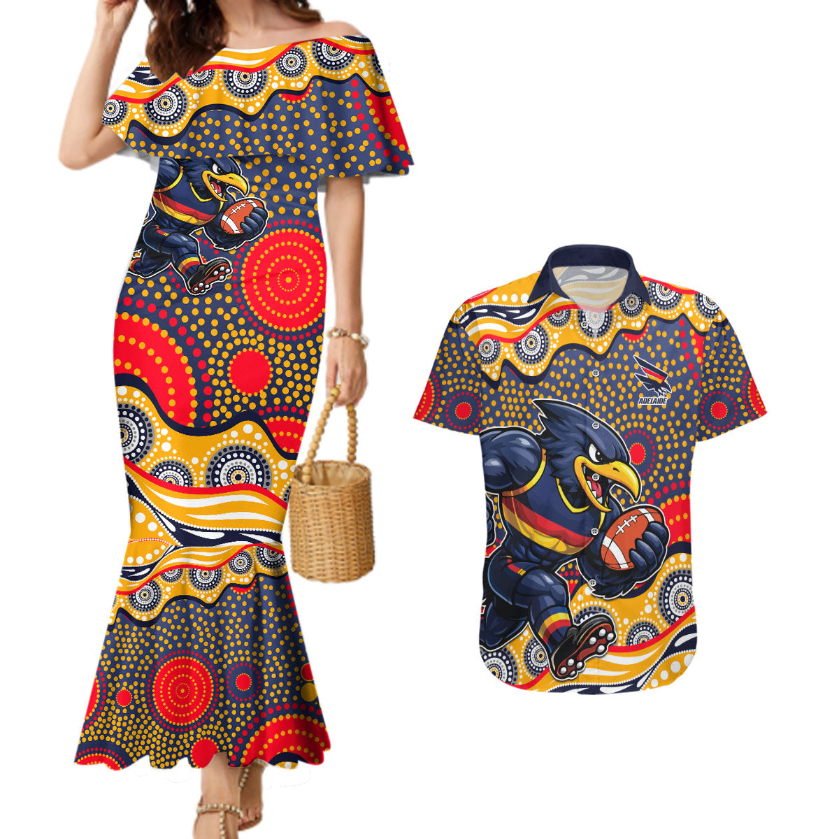 Adelaide Crows Couples Matching Mermaid Dress and Hawaiian Shirt Aboriginal Dot Pattern - Football Mascot Heritage Pride
