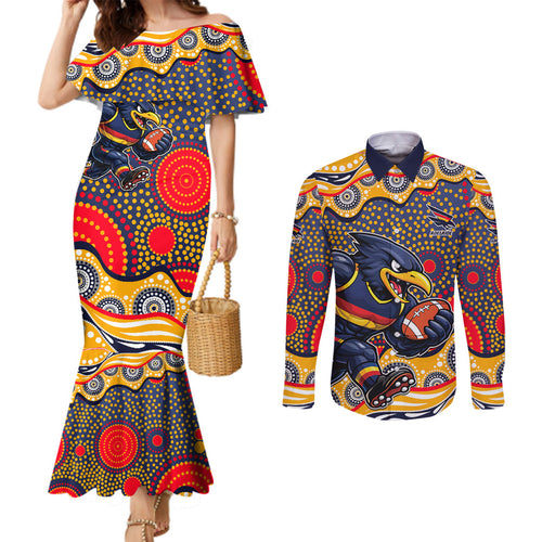 Adelaide Crows Couples Matching Mermaid Dress and Long Sleeve Button Shirt Aboriginal Dot Pattern - Football Mascot Heritage Pride