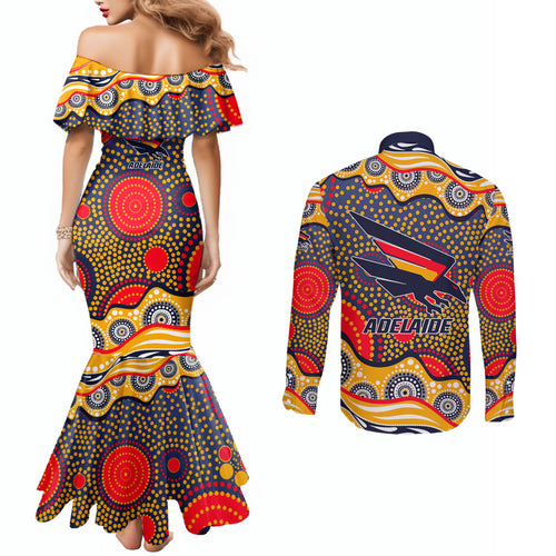 Adelaide Crows Couples Matching Mermaid Dress and Long Sleeve Button Shirt Aboriginal Dot Pattern - Football Mascot Heritage Pride