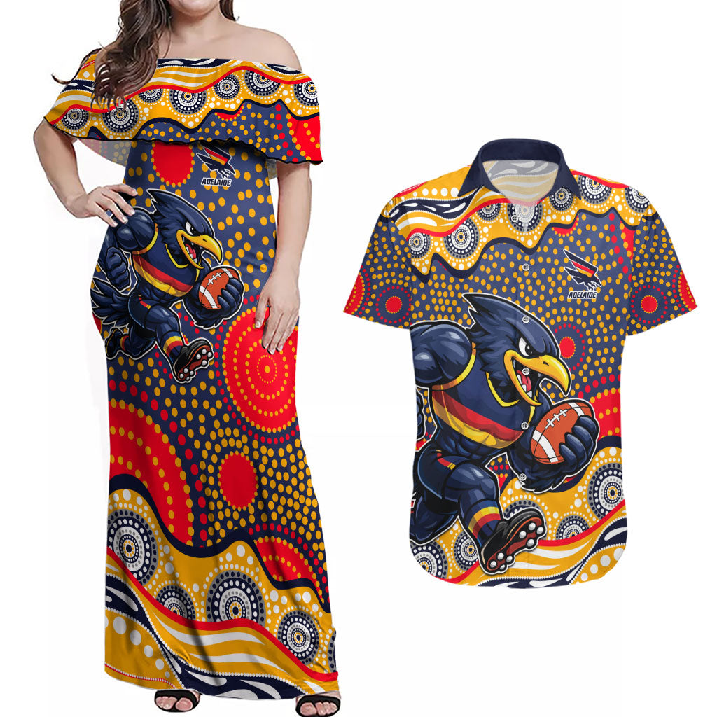 Adelaide Crows Couples Matching Off Shoulder Maxi Dress and Hawaiian Shirt Aboriginal Dot Pattern - Football Mascot Heritage Pride