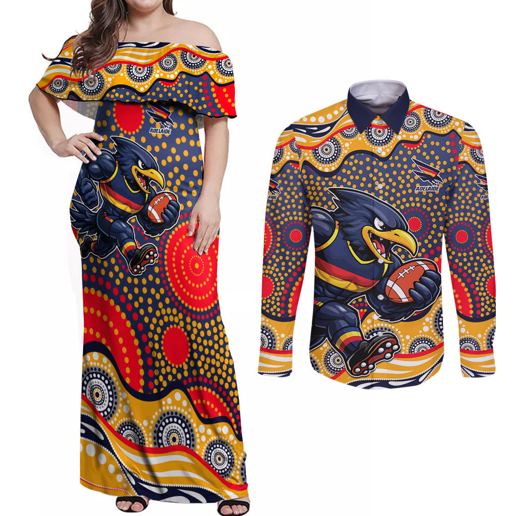 Adelaide Crows Couples Matching Off Shoulder Maxi Dress and Long Sleeve Button Shirt Aboriginal Dot Pattern - Football Mascot Heritage Pride