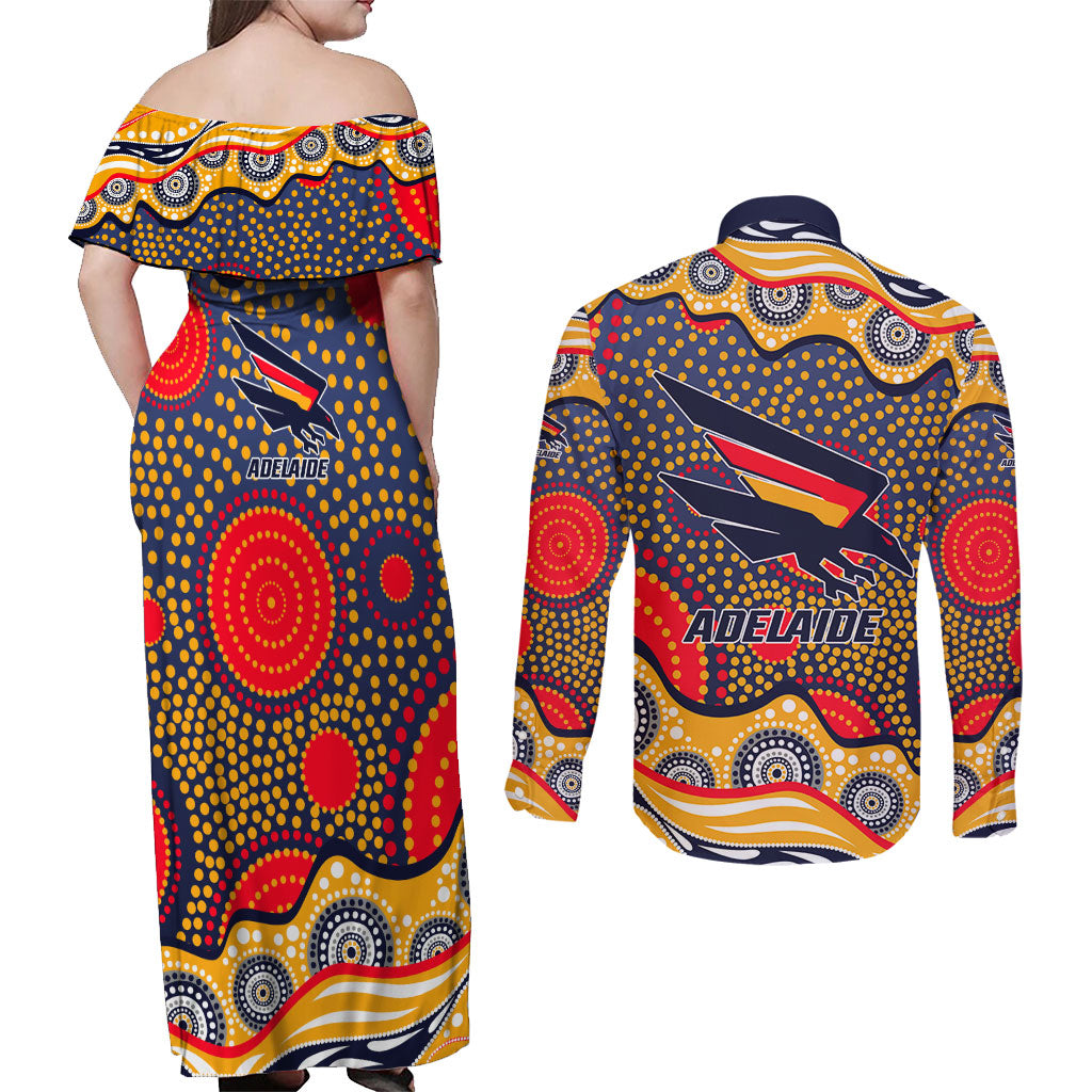 Adelaide Crows Couples Matching Off Shoulder Maxi Dress and Long Sleeve Button Shirt Aboriginal Dot Pattern - Football Mascot Heritage Pride