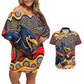 Adelaide Crows Couples Matching Off Shoulder Short Dress and Hawaiian Shirt Aboriginal Dot Pattern - Football Mascot Heritage Pride