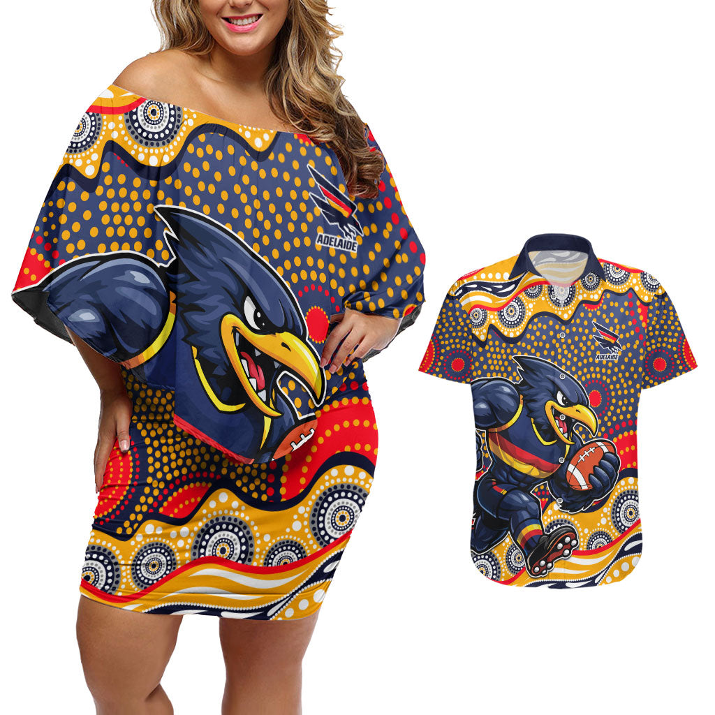 Adelaide Crows Couples Matching Off Shoulder Short Dress and Hawaiian Shirt Aboriginal Dot Pattern - Football Mascot Heritage Pride