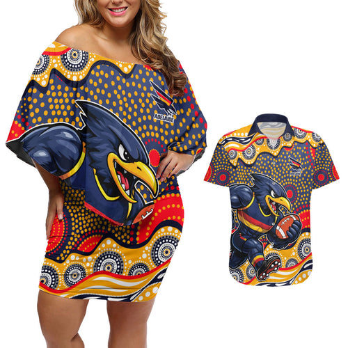 Adelaide Crows Couples Matching Off Shoulder Short Dress and Hawaiian Shirt Aboriginal Dot Pattern - Football Mascot Heritage Pride