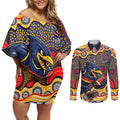 Adelaide Crows Couples Matching Off Shoulder Short Dress and Long Sleeve Button Shirt Aboriginal Dot Pattern - Football Mascot Heritage Pride