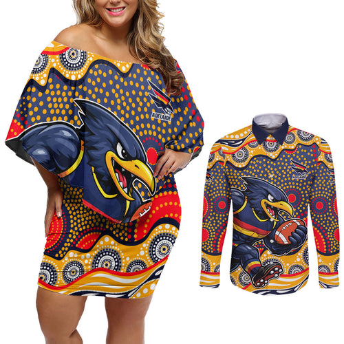 Adelaide Crows Couples Matching Off Shoulder Short Dress and Long Sleeve Button Shirt Aboriginal Dot Pattern - Football Mascot Heritage Pride