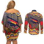 Adelaide Crows Couples Matching Off Shoulder Short Dress and Long Sleeve Button Shirt Aboriginal Dot Pattern - Football Mascot Heritage Pride