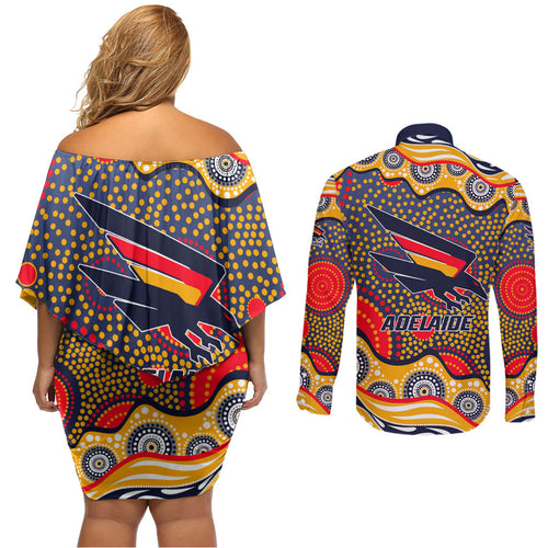 Adelaide Crows Couples Matching Off Shoulder Short Dress and Long Sleeve Button Shirt Aboriginal Dot Pattern - Football Mascot Heritage Pride